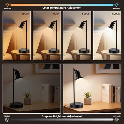 Lsctiff Industrial Table Lamp with Remote Control for Stepless Dimmer & Temperatures, Bedside Lamp with USB C+A Ports and AC Outlet, Flexible Head-Desk Lamp for Bedroom, Living Room, Office (Walnut) - Thumbnail 5