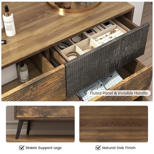 Hadulcet Fluted 6 Drawer Dresser for Bedroom, Modern Chest of Drawers with Push to Open Storage Organizer for Closet, 47” Handleless Wood Dresser TV Stand for Living Room, Entryway Nursery, Dark Wood - Thumbnail 5