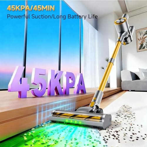 Shieal Cordless Stick Vacuum Cleaner - 45KPA Powerful Suction Vacuum with 45 Min Runtime, Detachable Battery, Anti-Tangle & 1.5L Dust Cup, 8 in 1 Vacuum Cleaner for Pet Hair, Carpet, HardFloor, Yellow - Thumbnail 2