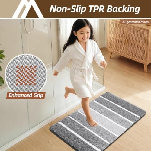 COSY HOMEER Bathroom Rugs 30 x 20, Ultra Soft Absorbent Bath Mat, Non-Slip TPR Backing Stays in Place, Machine Washable Shaggy Rug for Bathroom Floor, Grey & White - Thumbnail 5