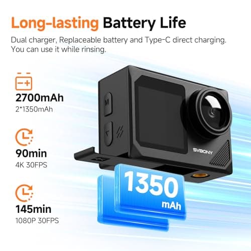 SVBONY SVGo2 4K30FPS Underwater Camera, EIS 2.0 Dual Touch-Screen Waterproof Camera Underwater, 50MP 5X Zoom, Remote Action Camera with Floating Selfie Stick, 2 Batteries for Snorkeling, Skiing - Thumbnail 6