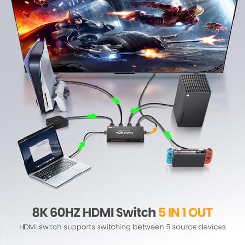 avedio links 8K HDMI2.1 Switch with Remote 5x1, 5 in 1 Out HDMI Splitter with Remote, Auto Switch HDMI Selector Box Support 4K@60Hz, HDCP2.3, HDR, 3D, for PS5, Xbox, Fire Stick, Blu-ray, HDTV - Thumbnail 2
