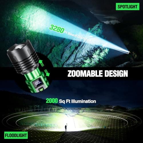 WdtPro Rechargeable LED Flashlights High Lumens, Super Bright 90000LM Rechargeable Flashlight with LCD Display, 5 Modes & Waterproof Powerful 10000mAh 30H Flashlight for Camping Emergency Green - Thumbnail 4
