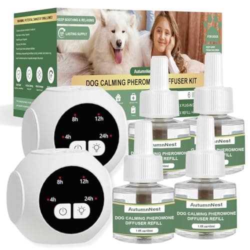 Dog Calming Pheromone Diffuser Kit with Timer – 2 Plug-Ins + 4 Refills – Smart 4-Level Timing Calming Aid – Stress Relief for Dogs – Help with Anxiety, Barking, Fighting, Thunder, Travel, Vet Visits