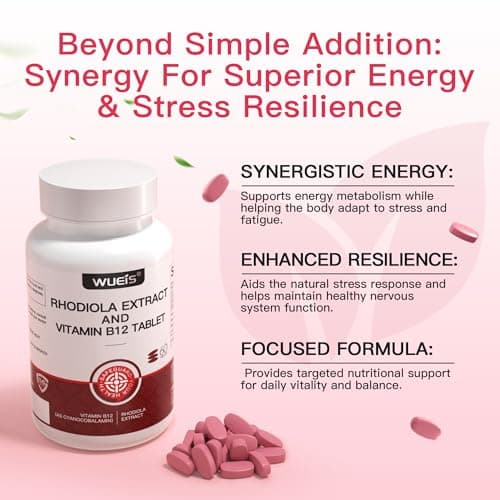 WUIES Rhodiola Rosea Supplement for Energy & Stress Support with Vitamin B12, Folic Acid & Siberian Ginseng, Adaptogen Supplement for Focus, Nervous System & Mental Clarity (60 Count (Pack of 1)) - Thumbnail 3