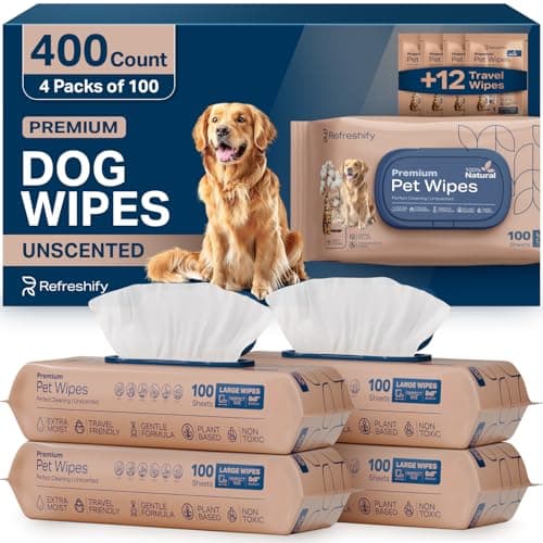 REFRESHIFY Dog Wipes for Paws and Butt - Plant Based Unscented (Pack of 400) - Pet Wipes for Dogs and Cats - Deodorizing Non Toxic Dog Wipes, +12 Additional Travel Wipes - Image 1