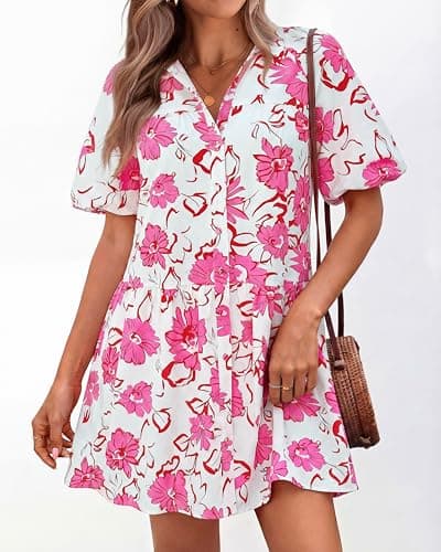 PRETTYGARDEN Womens Summer Dresses 2026 Casual Puff Sleeve Button Down Mini Shirt Dress Boho Floral Babydoll Sun Dress(Pink,Medium) - Thumbnail 2