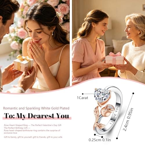 1CT Rose Heart Adjustable Ring 6.5~8 Ring Moissanite/Lab Created Ruby/Emerald And More VVS1 D Clarity 18K White/Rose Gold Gift for Wife Mother Daughter Birthday Wedding Engagement Christmas Anniversary Mothers Day Gift for Mom Bride - Thumbnail 2