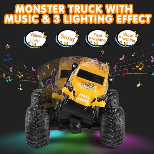 DYODYORC Remote Control Car, 2.4Ghz All Terrain Monster Truck Toys, RC Truck with Music, 3 Lighting Effects, 360 Stunt Capable, 2 Batteries Ready to Run, Toy Gifts for Boys and Girls (Yellow) - Thumbnail 2