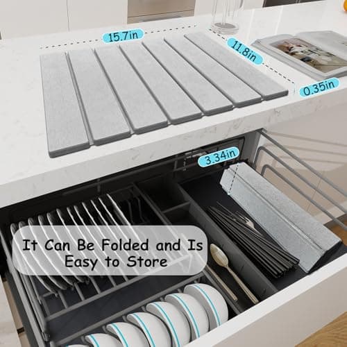 Stone Dish Drying Mat For Kitchen & Bathroom - Diatomaceous Earth, Quick Dry, Collapsible, Non - Slip Pvc, Rounded Corners, 15.7 X 11.8 IN, Absorbent, Natural Material For Dishes, Cups & More - Thumbnail 4