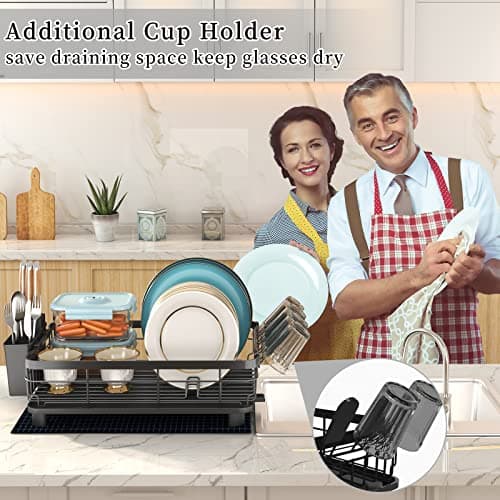 Godboat Dish Drying Rack, Dish Rack with Auto-Drain & Mat, Dish Drainers for Kitchen Counter, Glass Organizer for 4 Cups, 3 Slots Utensil Holder, Gifts for Women Mothers Day, Kitchen Gadgets & Decor - Thumbnail 6