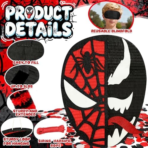 22 x 17.3“ Large Spider Pinata for Boys Birthday Party - 24" Bat Stick, Eye Mask, Rope - Sturdy & Easy to Fill Spider Web Piñata for Kids, Toddlers & Heroic Celebration Decor - Thumbnail 4