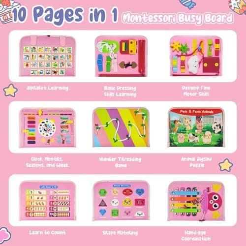 TenFans ​​Montessori Busy Board for Toddlers 3-5 Years - Sensory Toys for Fine Motor Skills - Felt Travel Activity Board with Zipper - Thumbnail 2