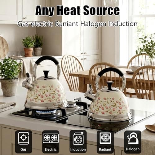 Tinlon Enamel Tea Kettle, 3.1QT Whistling Stovetop Teapot, Folding Handle - Thumbnail 5