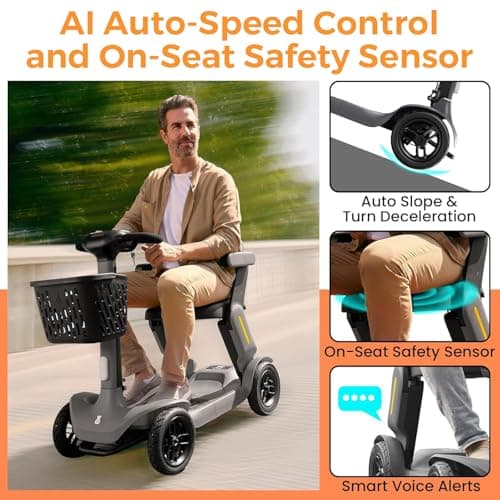 Paiseec S3 Foldable Mobility Scooter for Adults, Seniors - 25 Miles Range, 6 mph, Lightweight Mobility Scooter for Travel, Improved Safety, Large Wheels for Outdoor, LED Headlight, Basket - Thumbnail 6