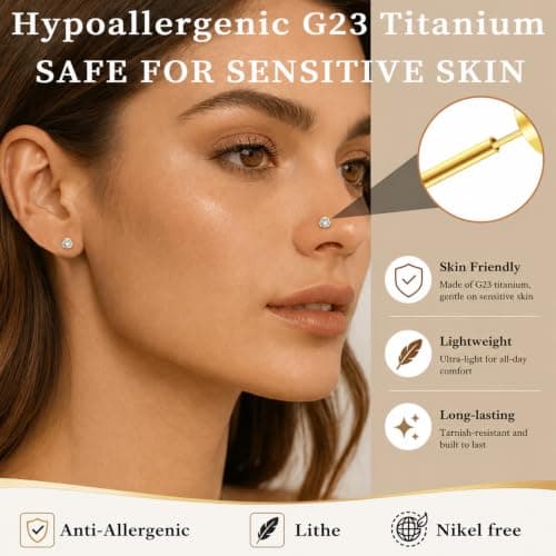 hooppoo Delicate Moissanite & Titanium Threadless Flat Back Studs - 6-Piece 20G Labret Set for Nose, Helix, Cartilage, Conch, and Lip Piercings for Women & Men (Gold) - Thumbnail 3