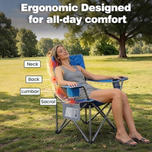 SUNNYFEEL Camping Chairs for Adults, Padded Oversized Camping Chair Heavy Duty 500LBS, Portable Lawn Chair with Cup Holder, Side Pocket&Bag for Outdoor Camping/Beach/Picnic/Fishing, Blue - Thumbnail 3