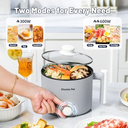KERZION Electric Hot Pot :1.5L Mini Ramen Cooker with Overheat & Boil-Dry Protection, Suitable for Noodles, Soup, Oatmeal, College Dorm Office Travel Essentials (Grey, 1.5L) - Thumbnail 2