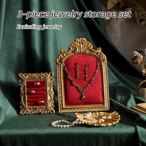 Aboacent 3-Piece Jewelry Display Stand, Velvet Necklace Display Set, Ring Holder Dish, Vintage, Earring Organizer, Baroque Trinket Storage Dish for Women Gifts, Necklace Jewelry Stand for Selling - Thumbnail 2