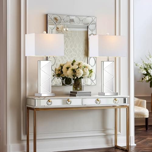 Hamucd 3-Color Temperature Mirrored Bedside Table Lamps Set of 2 for Living Room,Tall Silver Bling Modern Nightstands Lamps for Bedroom with 2 Bulbs,Full Mirror Cutting Design with White Fabric Shade - Thumbnail 3