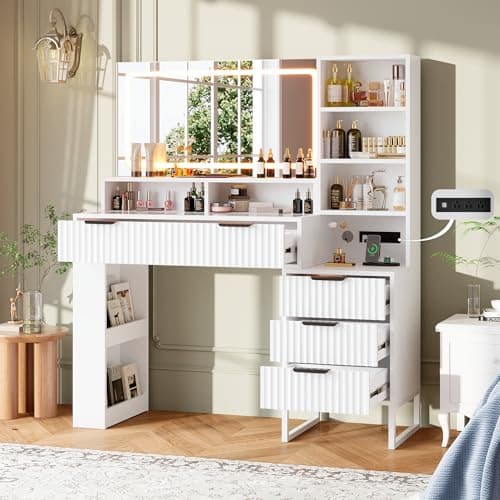 HAIOOU Fluted Vanity Desk with Mirror and Lights,48" Large Makeup Vanity Desk with Charging Station,Dressing Table with 4 Drawers & 3 Open Storage Shelves, Glass Top for Bedroom,Peal White - Image 1