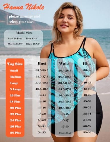 Hanna Nikole Plus Size Swimsuit for Women Push Up Swimming Suits U Neck Padded Swim Top with Shorts Blue Ripples 24W - Thumbnail 6