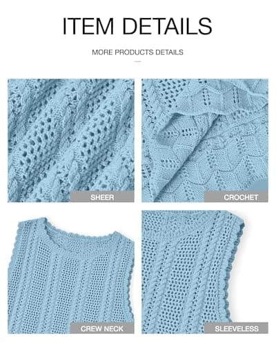 KIRUNDO Beach Cover Ups for Women 2025 Summer Crochet Knit Sweater Vest Mesh Hollow Out Crop Sleeveless Shirts Swimsuit(Sky Blue, X-Small) - Thumbnail 4