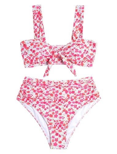 ZAFUL High Waisted Bikini Sets for Women Swim Suits 2026 Tummy Control Ruched Bikini Two Piece Bathing Suit Swimwear Pink Floral X-Large - Thumbnail 3