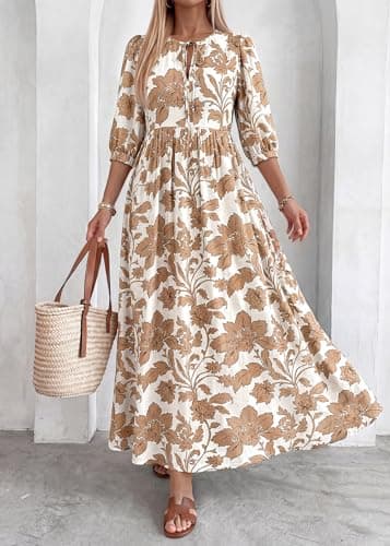 KIRUNDO Summer Dresses for Women 2026 Spring Wedding Guest Boho Floral 3/4 Sleeve Beach Vacation Cruise Flowy Maxi Dress(Khaki, Small) - Thumbnail 5