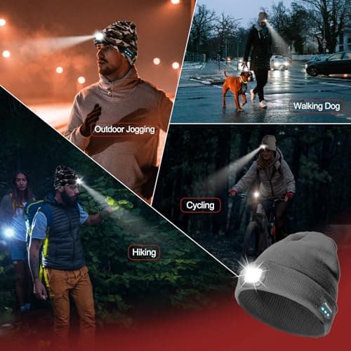 SYMNTEM Rechargeable Bluetooth Music Unisex Beanie Hat with Light for Hiking, Camping, Running, Beanie Headlamp, Gifts for Men, Women, Dad, Him, Her, Husband, Birthday Gifts for Men, Grey - Thumbnail 6