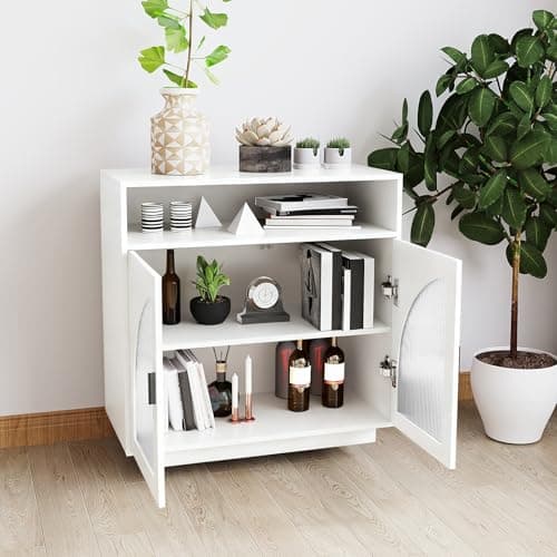 ALWXIA Sideboard Buffet Cabinet with Storage, 31.5” Farmhouse Curved Design Accent Cabinet with Acrylic Doors & Adjustable Shelves, Modern Coffee Bar (Sideboard W/Compartment_White, 1Pc) - Thumbnail 5