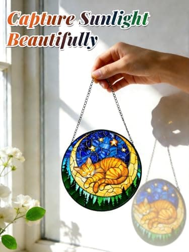Stained Glass Window Hanging, Orange Sleeping Cat Suncatcher for Door Home Decor Moon Starry Night Sun Catcher Ornament Mother's Day Birthday Gifts for Women Men Mom 6.3 in - Thumbnail 3