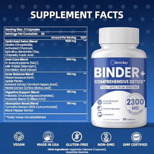 HevChay 2300 MG Detox Binder Supplement – All-in-1 Detox Binder, Activated Charcoal, Zeolite, Bentonite Clay – Liver & Gut Detox Cleanse, Toxin Flush, Digestive, Max Absorption, 90 Vegan Capsules - Thumbnail 2