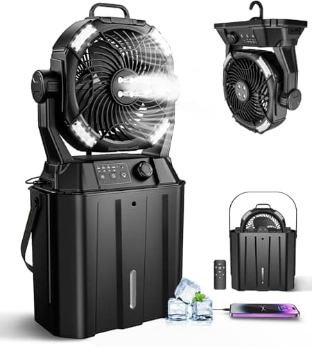 MONISEN Misting Fan for Outside Patios, Rechargeable Battery Operated Mist fan, Camping Mister Fan With Remote, 4 Mist Nozzles, 3 Light Settings, 4 Timers for Fishing/Golf/Garden/Party/Tent/Beach - Image 1