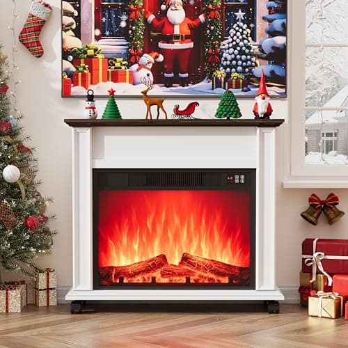 Electric Fireplace with Mantel, Farmhouse Electric Fireplaces TV Stand, White Fireplace Entertainment Center with 23 inch Heater and Removable Roller for Living Room, Bedroom - Thumbnail 4