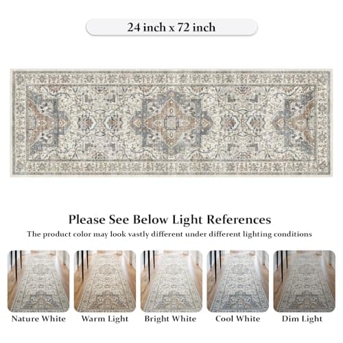 EiniHliw 2x6 Washable Kitchen Runner Rug, Non Slip Vintage Runner Rugs for Hallway, Ultra-Thin Low Pile Distressed Kitchen Rugs Non Skid, Machine Washable Laundry Entryway Indoor Carpet,Beige/Blue - Thumbnail 2