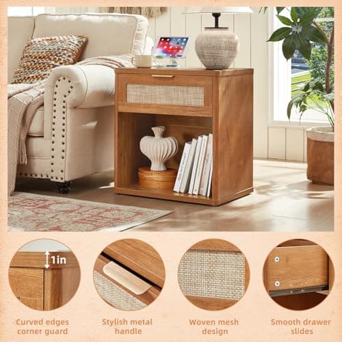 LEYAOYAO Rattan Nightstands Set of 2 with Charging Station, Natural Wood Night Stand with Drawer, 23" Wide Boho Bedside Table Open Cabinet, Bed Side Table Dresser for Bedroom, Living Room, Entrance - Thumbnail 6