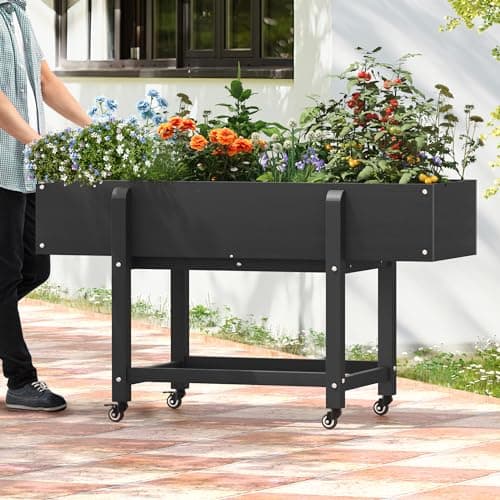 LUE BONA Raised Garden Bed with Wheels, 48 * 16.7 * 28 in, Poly Elevated Outdoor Planter Box with Tools, Weather Resistant, Standing Growing Bed Herb Planter for Vegetable, Flowers, Fruits - Thumbnail 2