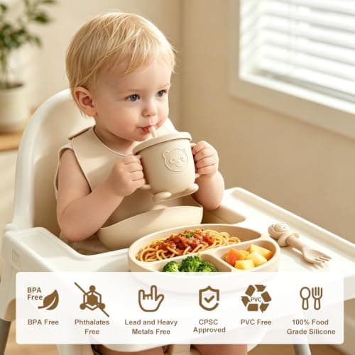 Baby Led Weaning Supplies, 8 Piece BPA-Free Silicone Feeding Set, Silicone Suction Bowl, Forks & Spoons, Bib & Cup, Develops Self Feeding Skills, Dishwasher Safe, for 6+ Months (Beige) - Thumbnail 3