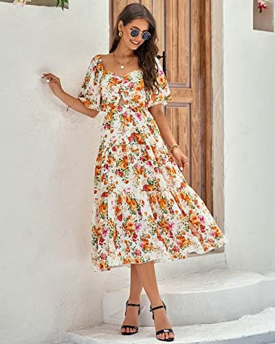 BTFBM Women's Clothing Spring Summer Dresses 2026 Beach Vacation Short Sleeve Smocked Back Boho Casual Floral Maxi Dress(Floral White Orange, XX-Large) - Thumbnail 2