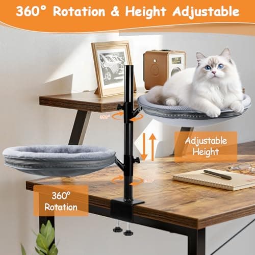 COMTAR Double Layer Large Cat Desk Bed, 360° Rotating & Adjustable Shelf, 15" Thickening Desk Mounted Cat Bed with 2 Perches Holds Up to 66lbs for Office/Home - Thumbnail 3