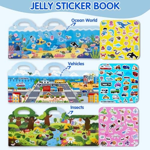 ACGROW 6 Sets Reusable Sticker Book for Kids, Puffy Jelly Stickers for Toddlers, Travel Essentials Craft Activities Toys for Boys Girls Birthday Gifts - Thumbnail 3