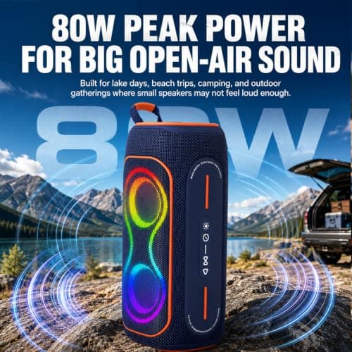 Musibaby 80W Bluetooth Speaker, Loud Portable Wireless Speaker with Deep Bass, Waterproof Outdoor Speaker with RGB Lights for Camping, Beach & Party, 24H Playtime, BT5.3, Dual Pairing - Thumbnail 2