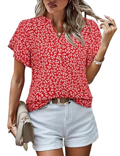 LOOKBOHO Womens Casual Red Tops Ruffle Short Sleeve V Neck Floral Blouses Fashion Summer Chiffon Office Shirts Red S - Image 1
