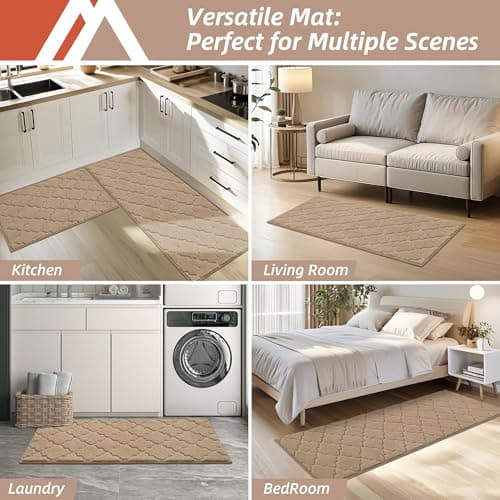 COSY HOMEER Soft Kitchen Rugs [2 PCS] for in Front of Sink Super Absorbent Kitchen Floor Mats and Mats 20x30 Inch/20X48 Non-Skid Kitchen Mat Standing Mat Washable,Polyester,Beige - Thumbnail 6