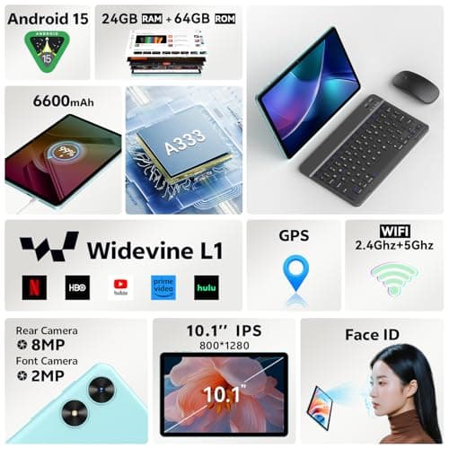 FIRYMID Android Tablet with Keyboard, 24GB+64GB, 1TB Expand, 10 inch Android 15 Tablet with 1.8Ghz CPU, 2MP + 8MP Camera, 10H Battery, 5G WiFi, BT5.3, Widevine L1, Split Screen, Case, Mouse, Stylus - Thumbnail 2