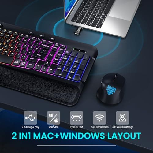 COLIKES Wireless Keyboard and Mouse Combo, Ergonomic Wave, 9 RGB Backlit Effects, Leather Wrist Rest, Rechargeable 2.4G Silent Set for Computer/Windows/Mac, Black - Thumbnail 6