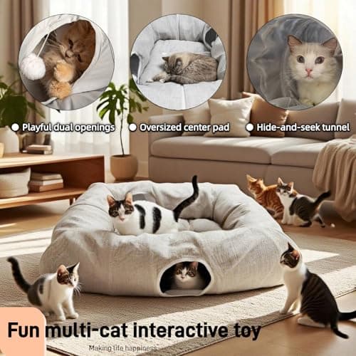 XxingSheep 4 Cave Premium Hemp Fabric XL Cat Tunnel Bed for Indoor Cats Cat Toys Cave Donut with Soft Mat - Thumbnail 2