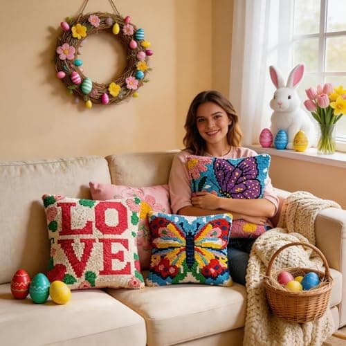 Miaceito Pre-Printed Love Latch Hook Pillow Kits for Adults Beginners, DIY Latch Hook Kits Includes Wooden Hook to Make 17x17 Inch Home furnishings Sofa Decoration - Thumbnail 2