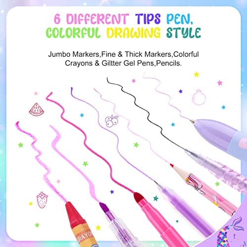 MAIGOZON Mermaid Art Craft Kit for Kids, 56 Piece Set with Pencil Case, Markers, Crayons, Gel Pens, Erasers, Stencils, Ruler - Thumbnail 5